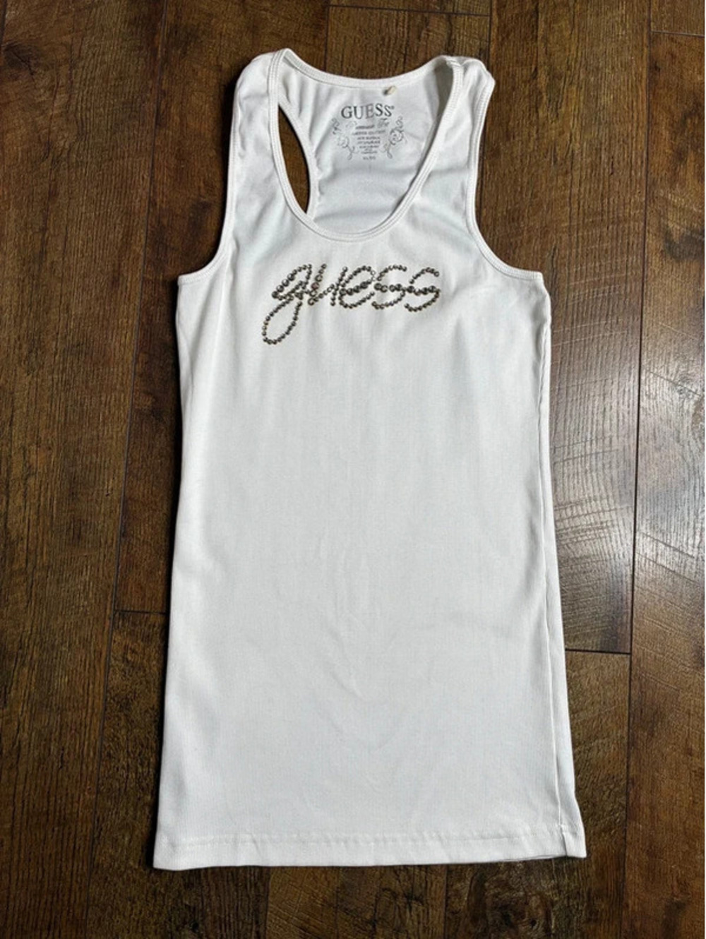 Guess Women’s White Tank Top XL Rhinestone Script Logo Y2K McBling